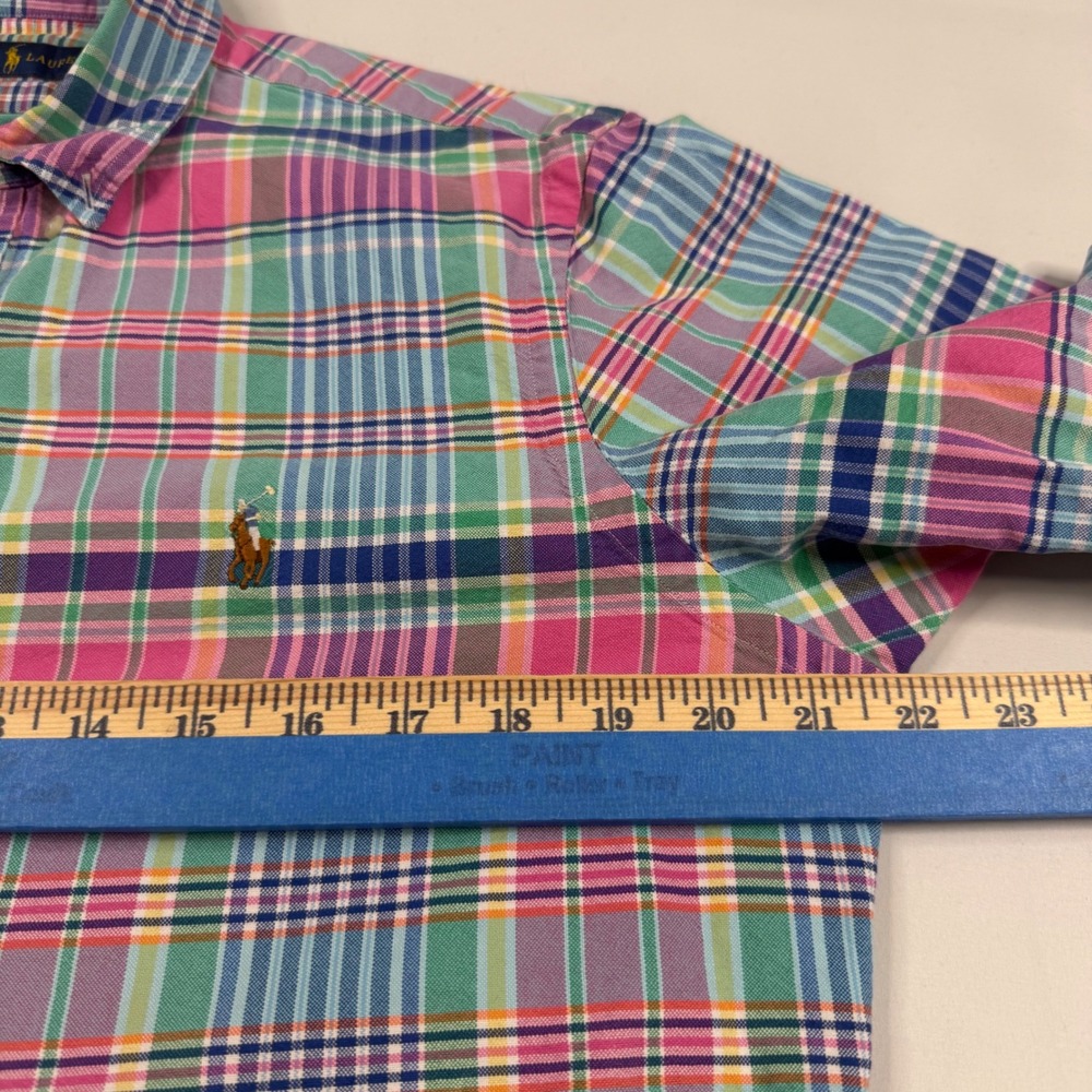 Polo Ralph Lauren Button Down Shirt Mens Medium Madras Plaid Cotton Flesh Pony - Picture 8 of 9